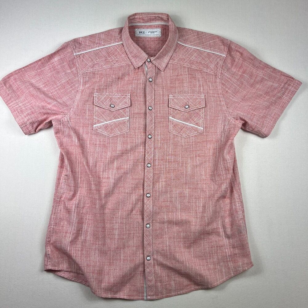 BKE Shirt Mens XLarge Button Up Short Sleeve Red Pearl Snap Western Front Pocket